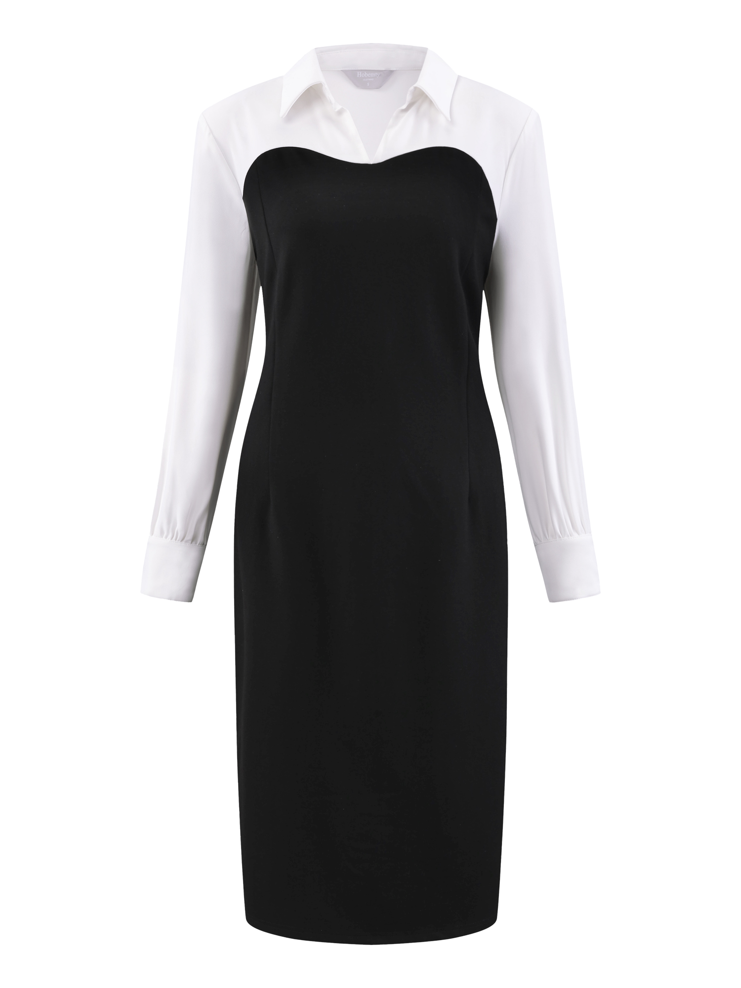 DARING DIVA Collar Long Sleeve Contrast Color Knee Length Dress L Black
