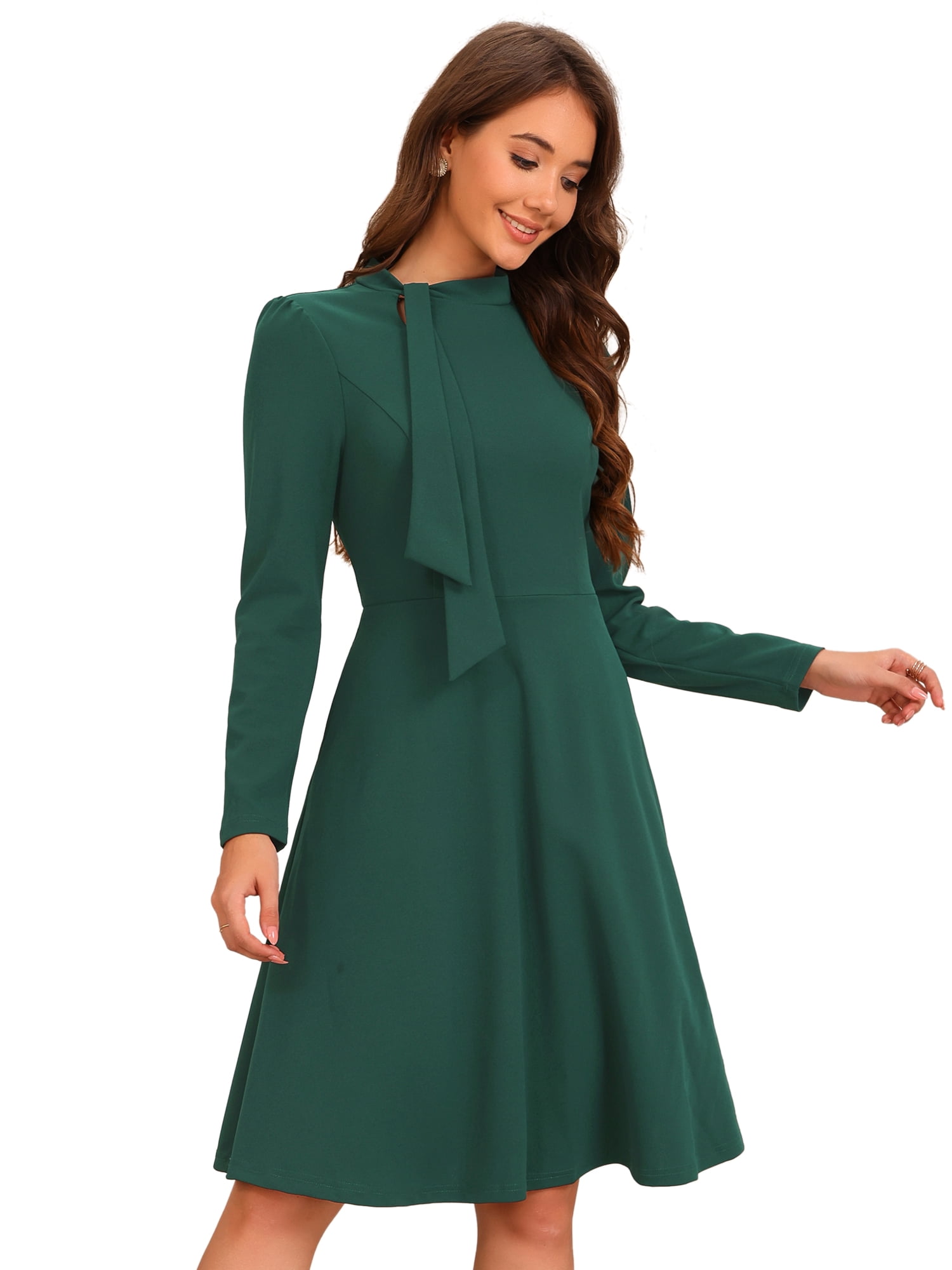 DARING DIVA Collar Tie Mock Neck a Line Elegant Midi Dress S Dark Green