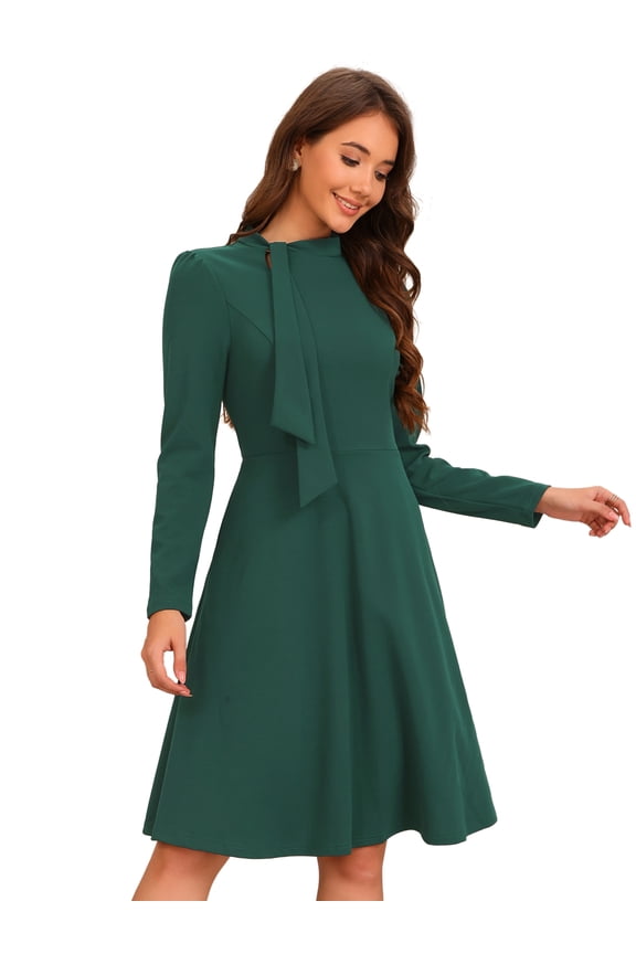 Collar Tie Mock Neck a Line Elegant Midi Dress S Dark Green