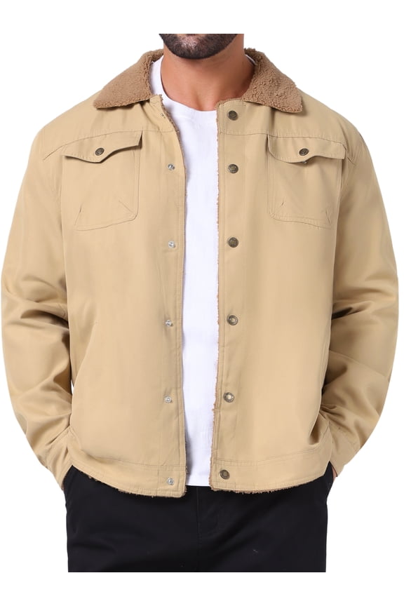 Collared Button Front Fleece Lining Cargo Trucker Jacket L Light Khaki