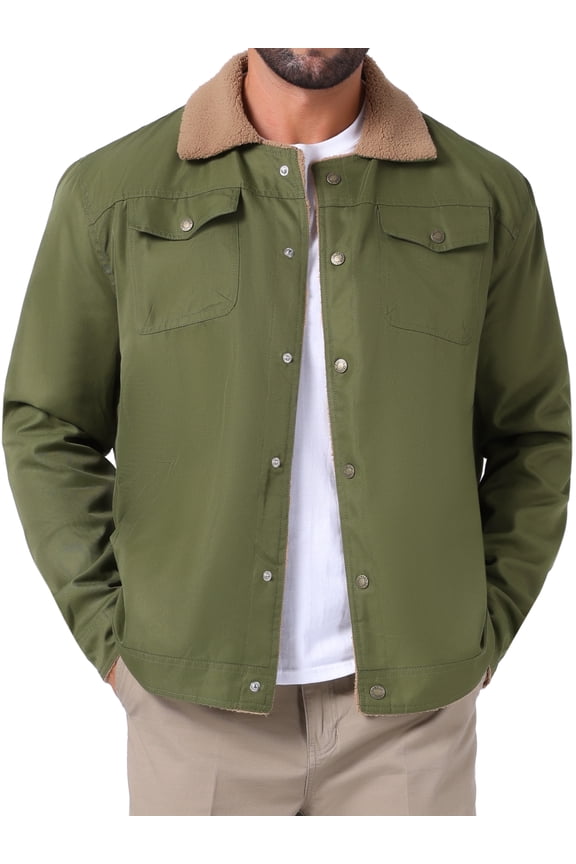 Collared Button Front Fleece Lining Cargo Trucker Jacket L Olive Green