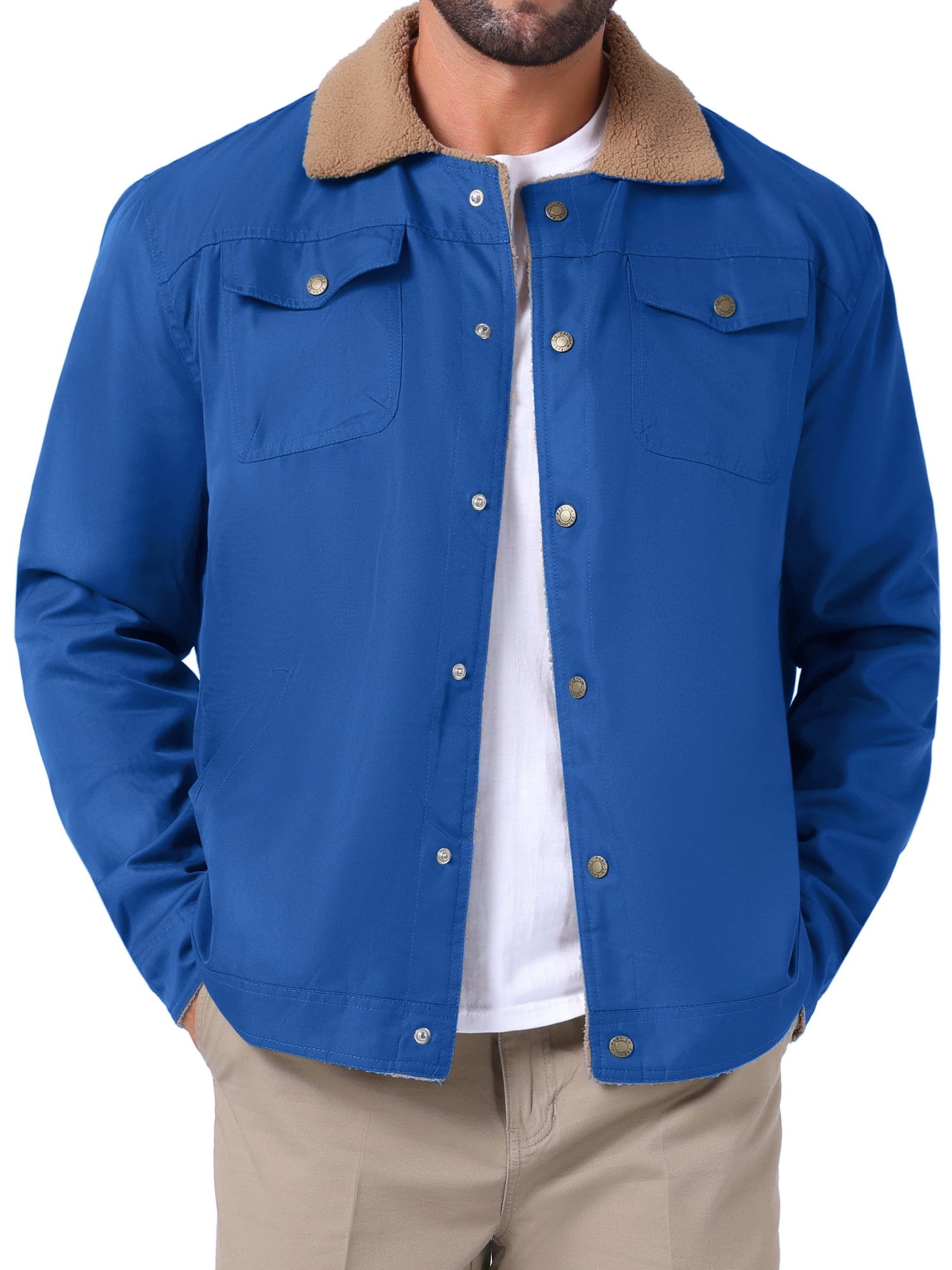 DARING DIVA Collared Button Front Fleece Lining Cargo Trucker Jacket M Blue