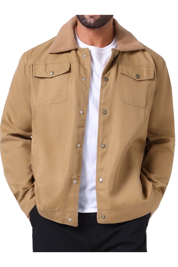 Collared Button Front Fleece Lining Cargo Trucker Jacket M Dark Khaki