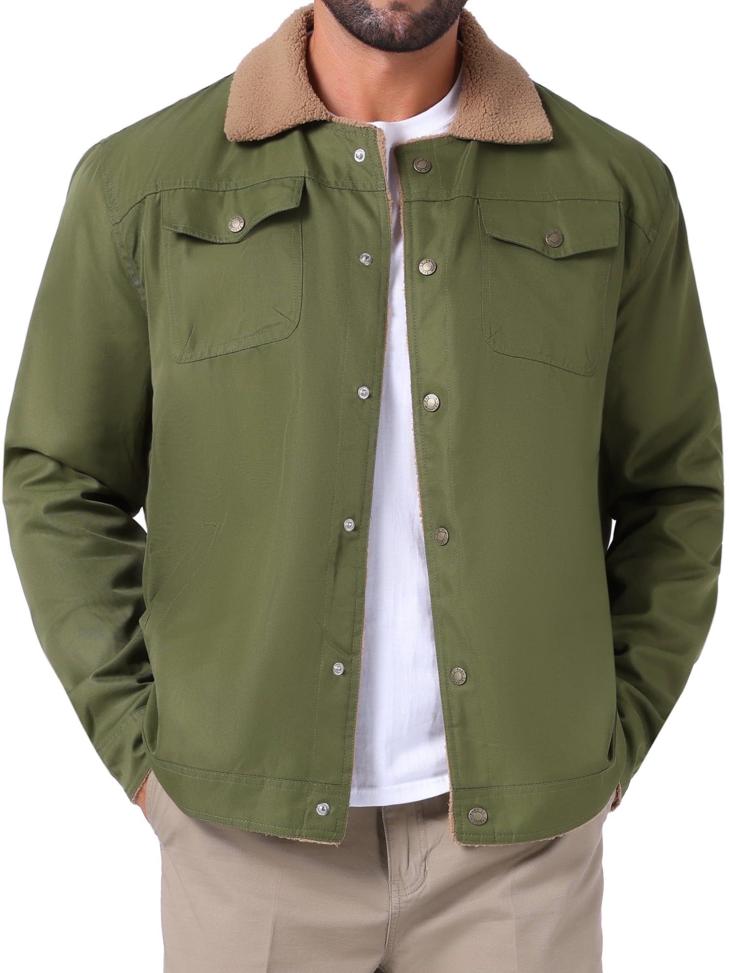 DARING DIVA Collared Button Front Fleece Lining Cargo Trucker Jacket M Olive Green