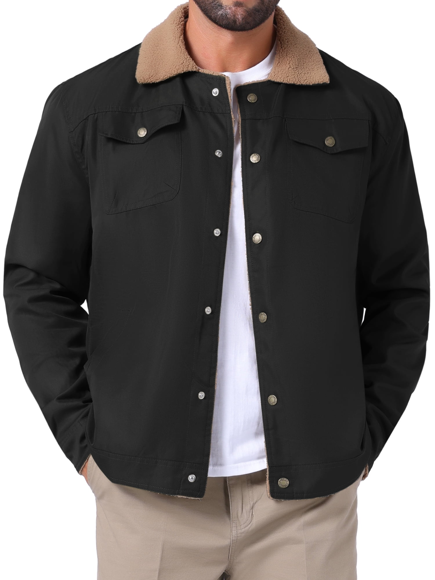DARING DIVA Collared Button Front Fleece Lining Cargo Trucker Jacket S Black