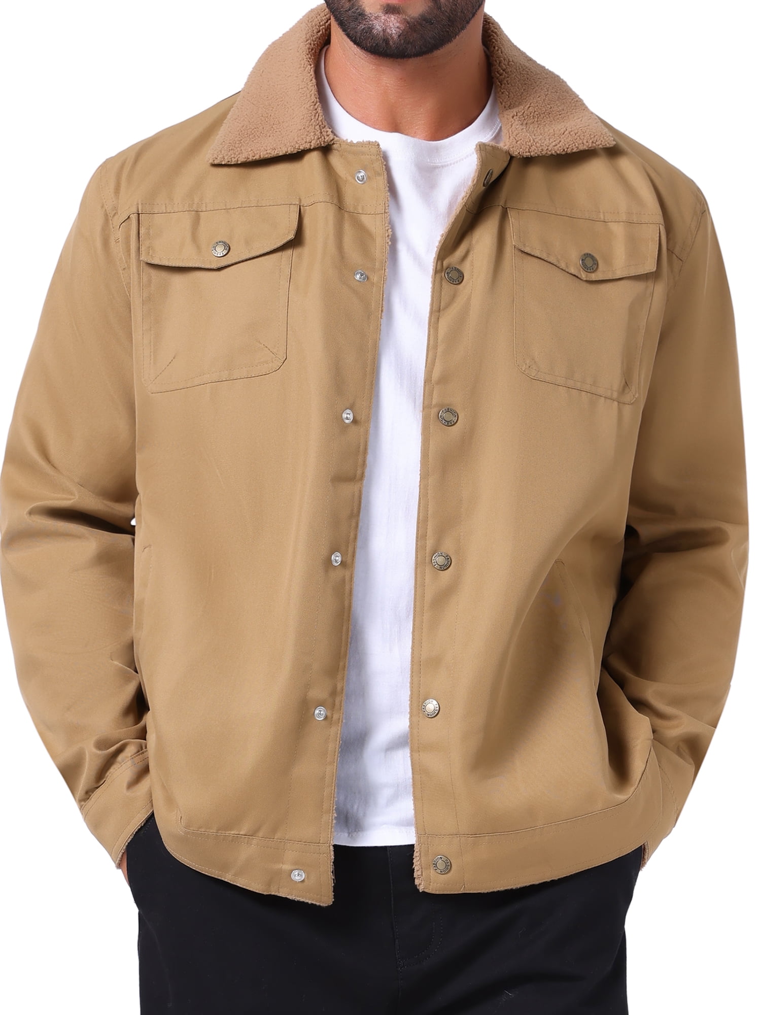 DARING DIVA Collared Button Front Fleece Lining Cargo Trucker Jacket S Dark Khaki