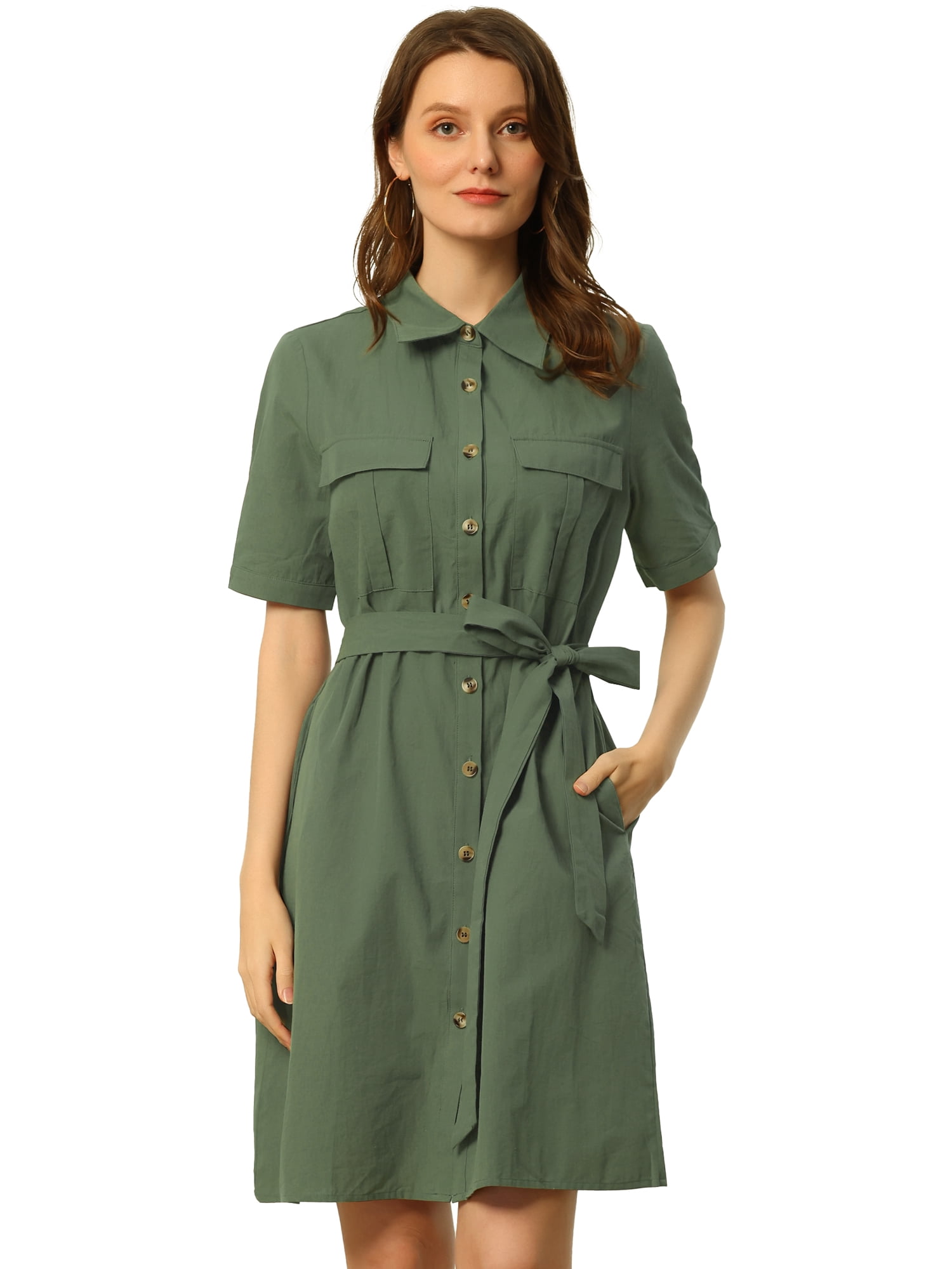 DARING DIVA Collared Short Sleeve Pocket Belt Button up Shirt Dress 3XL Army Green