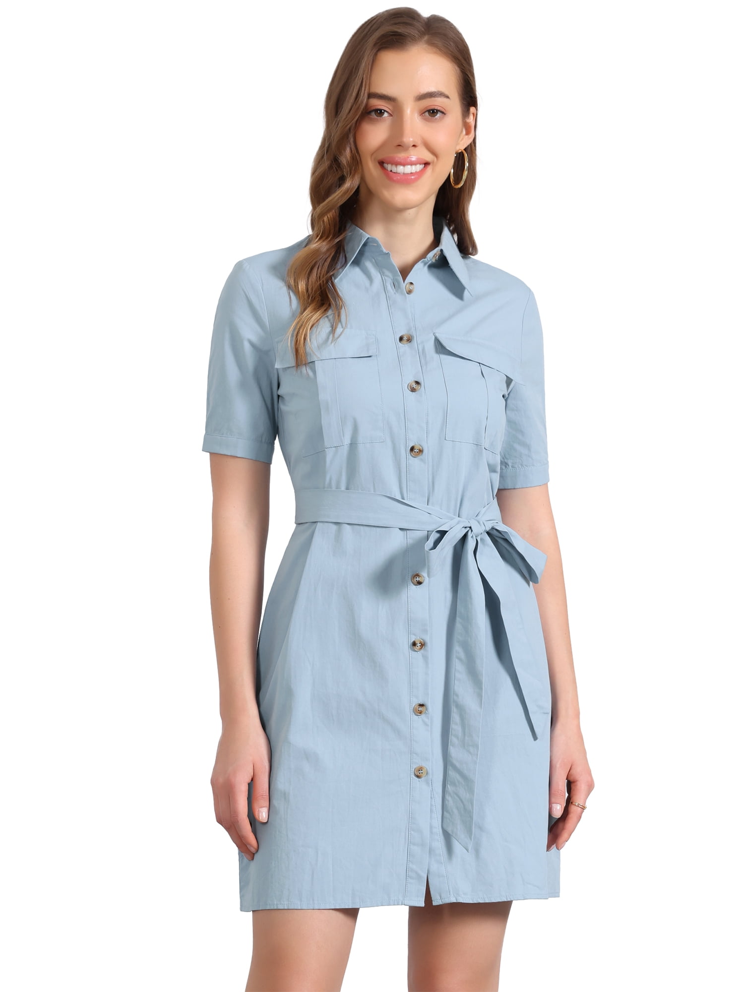 DARING DIVA Collared Short Sleeve Pocket Belt Button up Shirt Dress L Light Blue