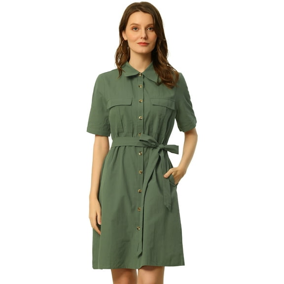 DARING DIVA Collared Short Sleeve Pocket Belt Button up Shirt Dress M Army Green