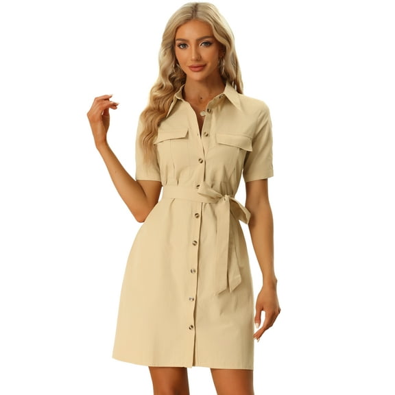 DARING DIVA Collared Short Sleeve Pocket Belt Button up Shirt Dress M Khaki
