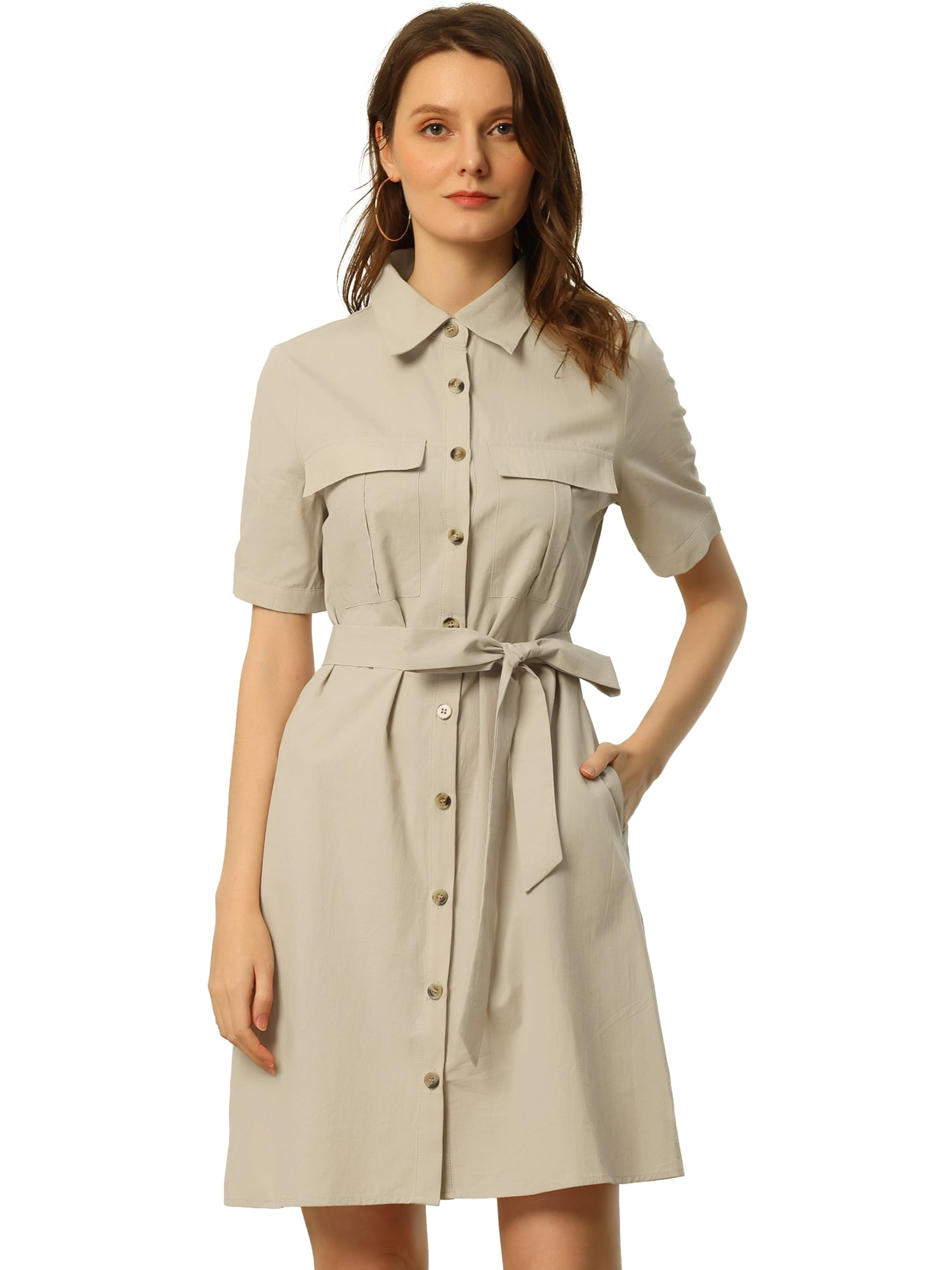 DARING DIVA Collared Short Sleeve Pocket Belt Button up Shirt Dress XL Beige