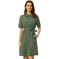 thumbnail image 1 of DARING DIVA Collared Short Sleeve Pocket Belt Button up Shirt Dress XS Army Green, 1 of 6
