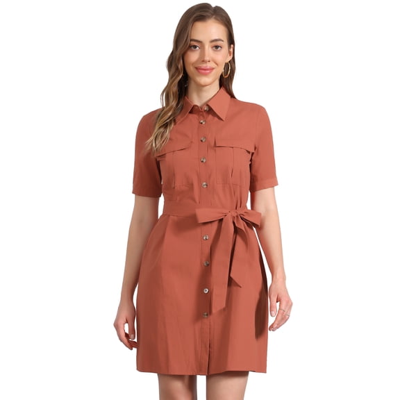 DARING DIVA Collared Short Sleeve Pocket Belt Button up Shirt Dress XS Burnt Orange