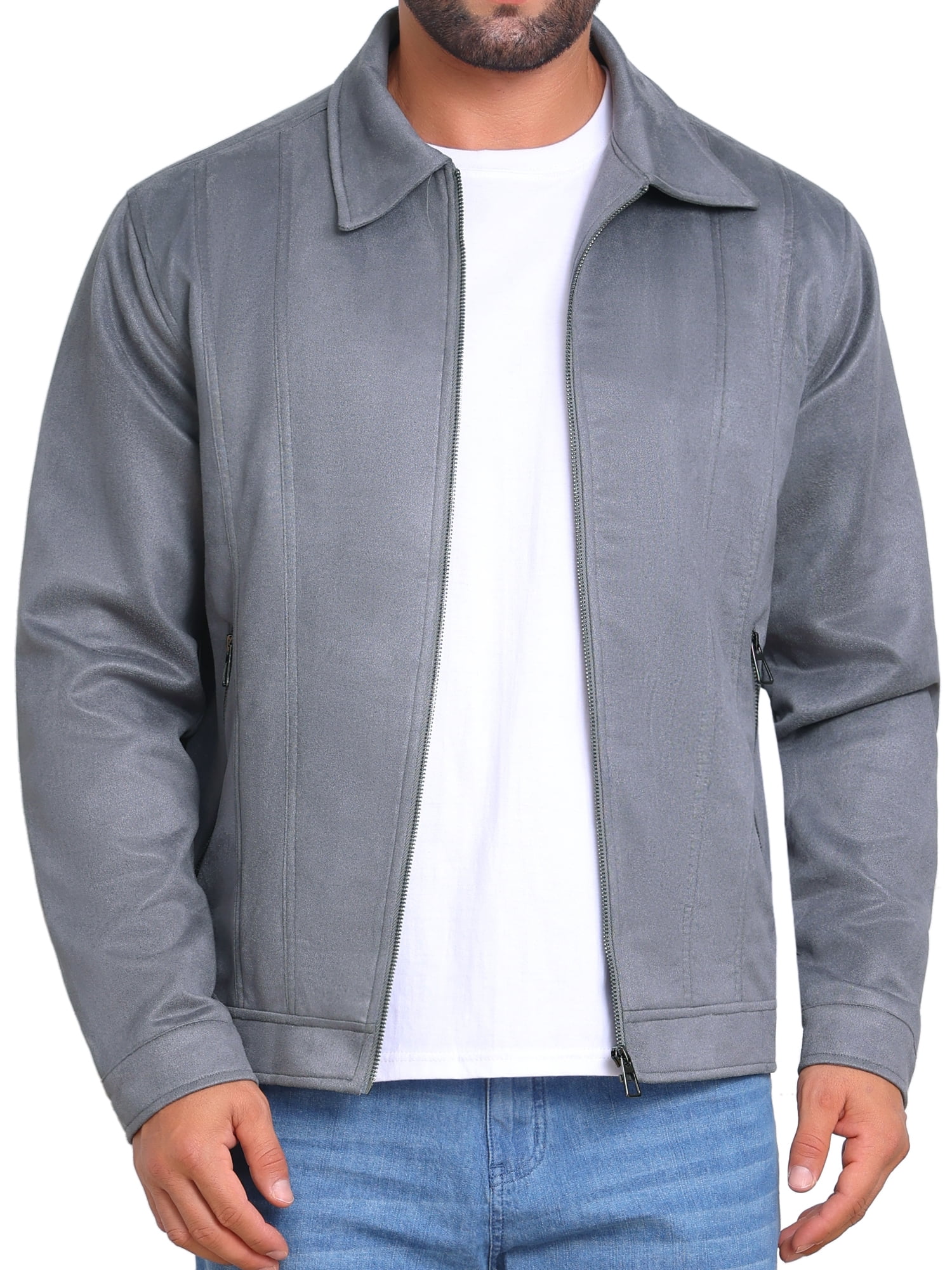 DARING DIVA Men's Collared Zipper Outdoor Wear Vintage Suede Jacket S Gray