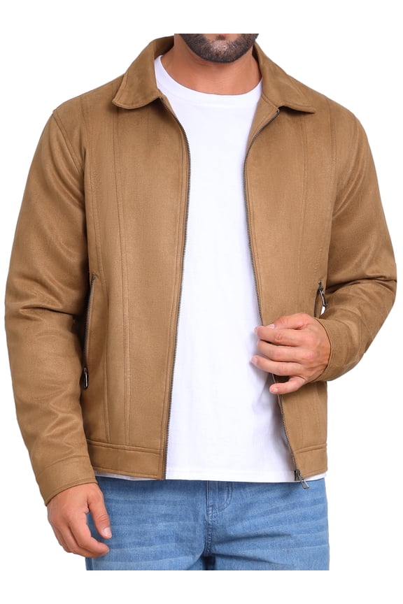 Collared Zipper Outdoor Wear Vintage Suede Jacket S Khaki