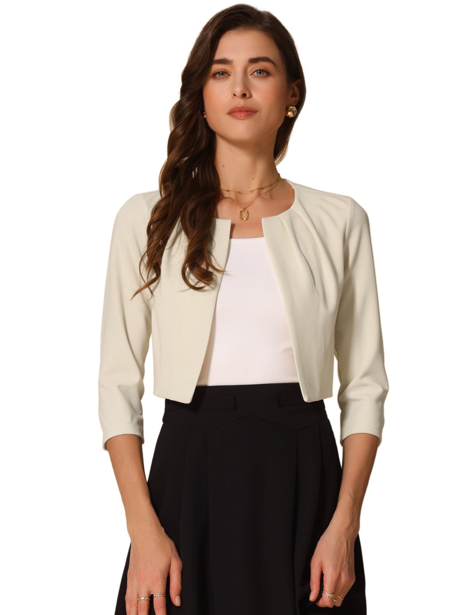 DARING DIVA Women's 3/4 Sleeve Shrug Top Collarless Pleated Open Front Cropped Cardigan M Apricot