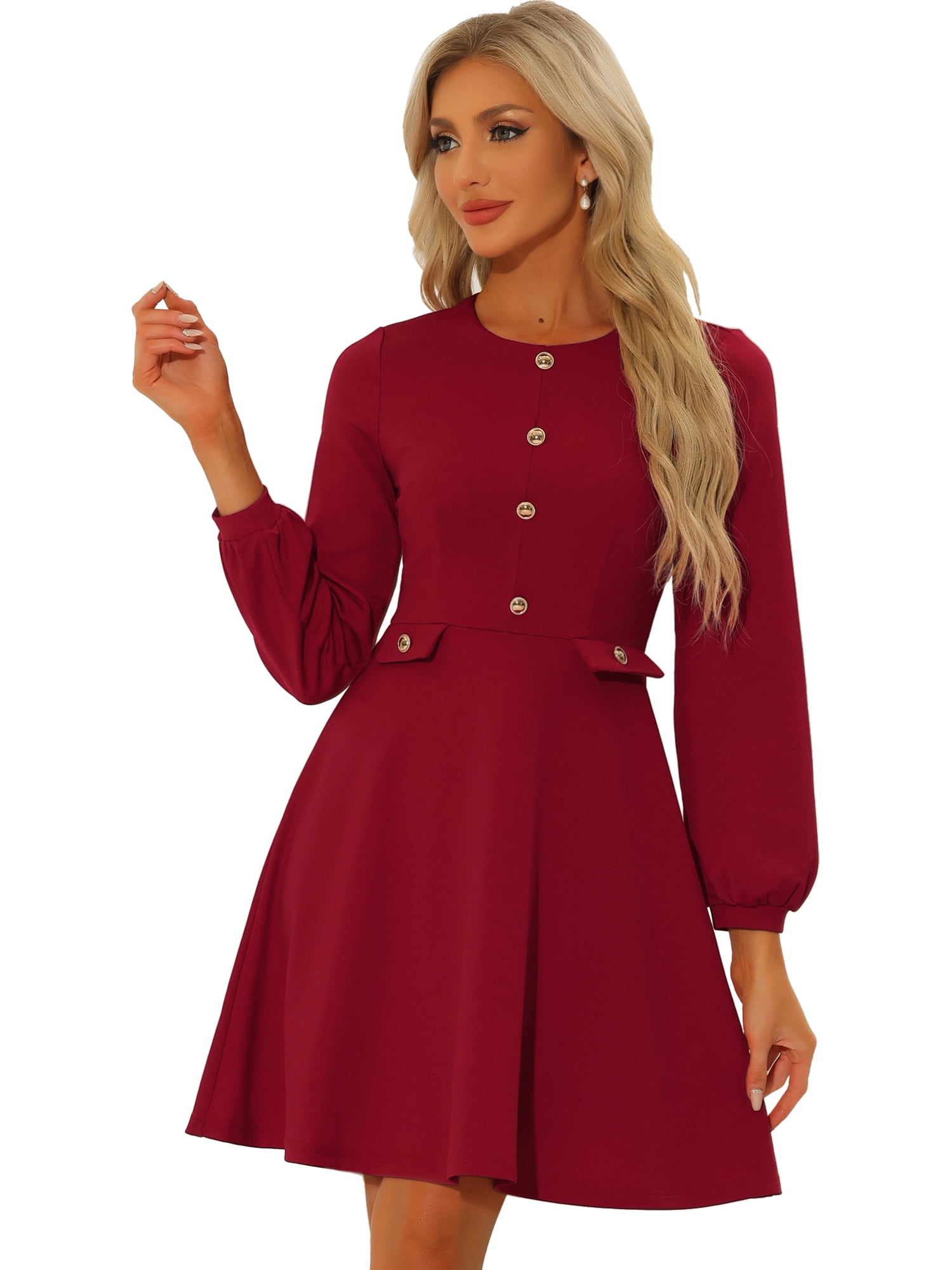 DARING DIVA Contrast Button Decor Long Sleeve Dress S Red
