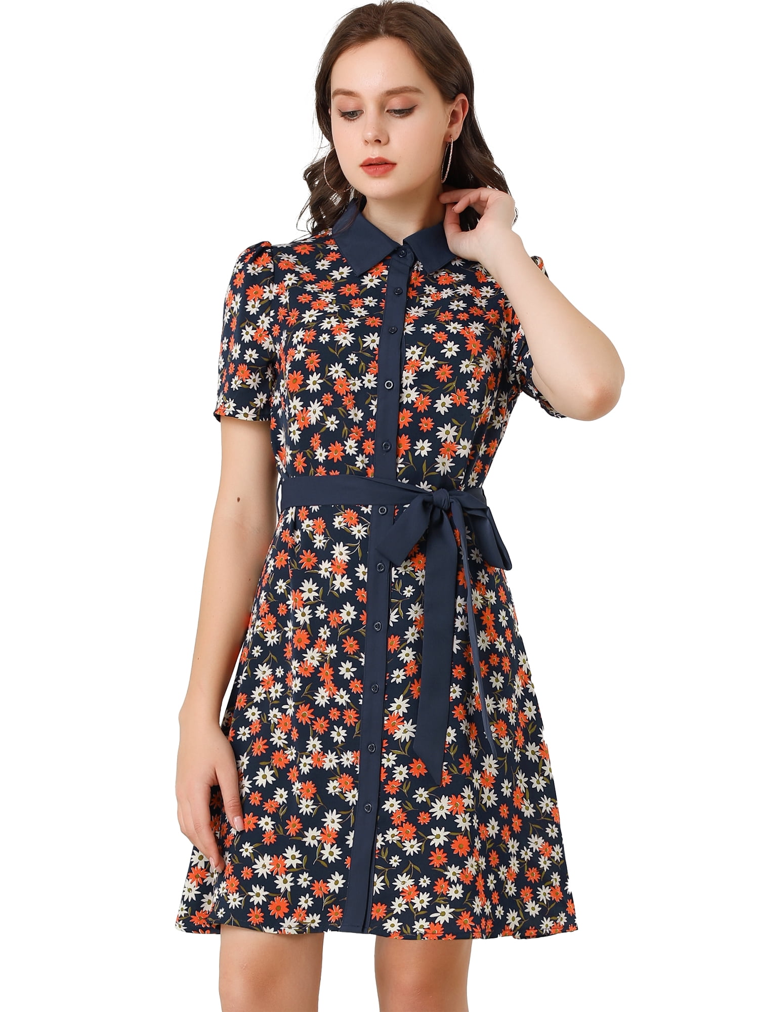 DARING DIVA  Contrast Collar Short Sleeve Belt Shirt Dresses M Black