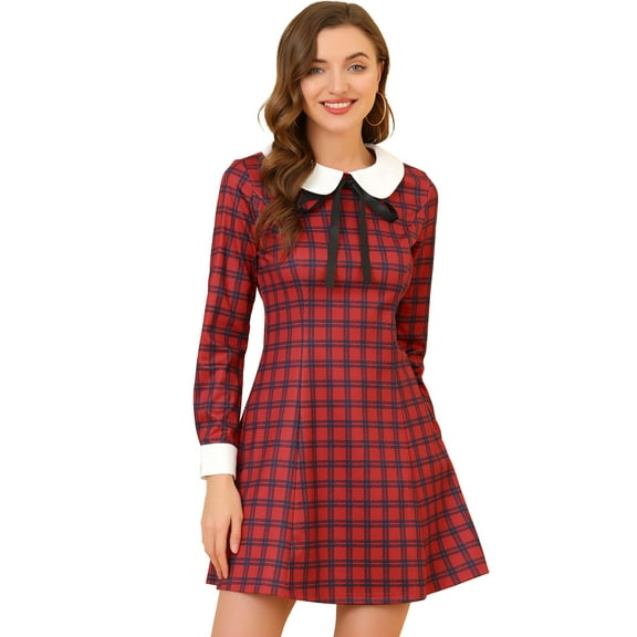 DARING DIVA Contrast Peter Pan Collar A-Line Plaid Dress L Red