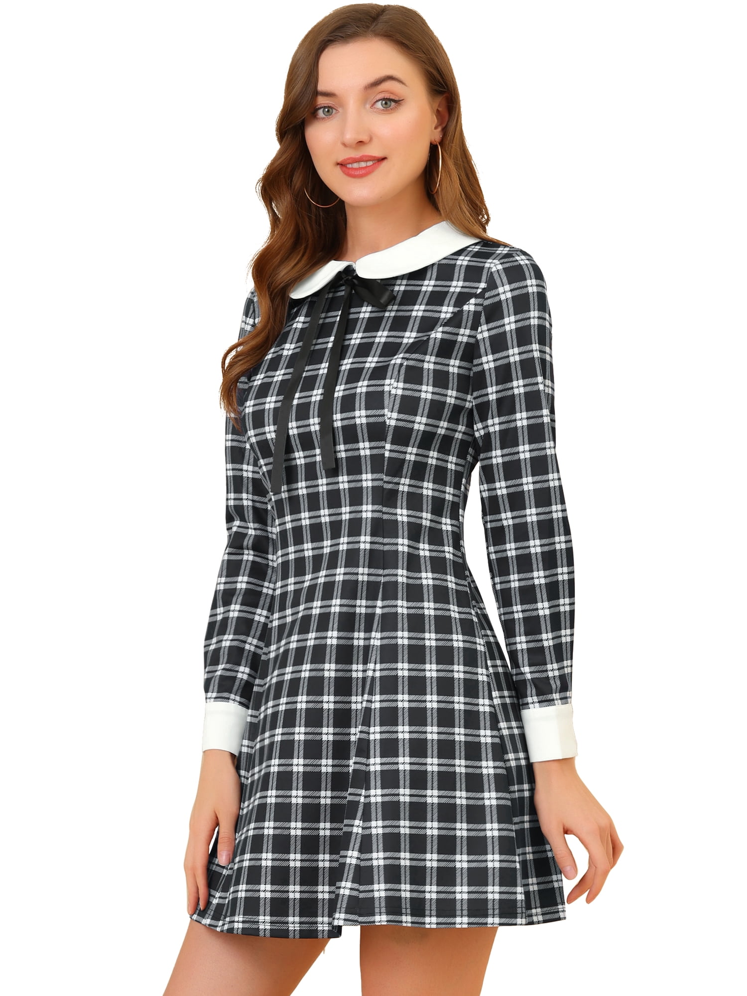 DARING DIVA Contrast Peter Pan Collar A-Line Plaid Dress S Black
