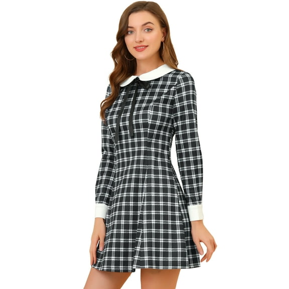 DARING DIVA Contrast Peter Pan Collar A-Line Plaid Dress S Black