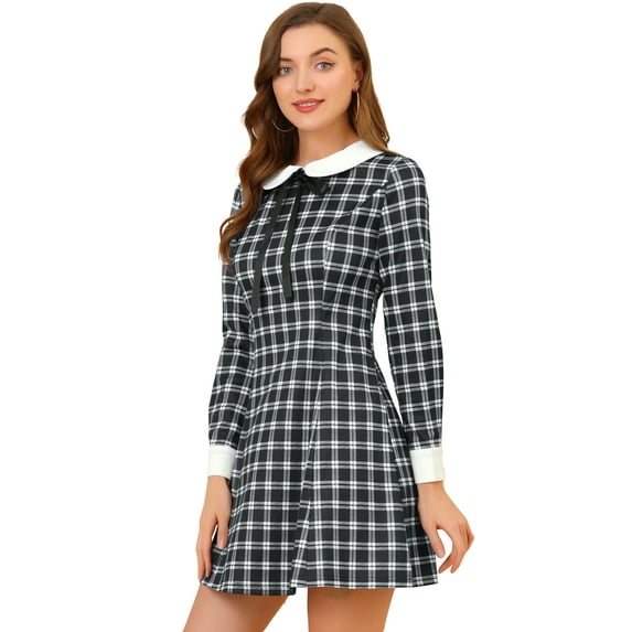 DARING DIVA Contrast Peter Pan Collar A-Line Plaid Dress S Black