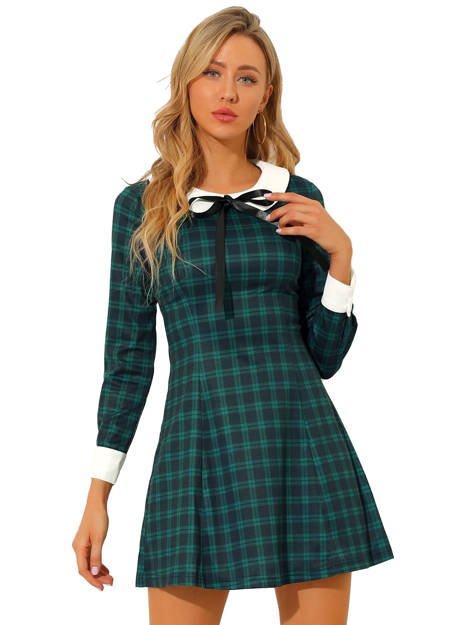 DARING DIVA Contrast Peter Pan Collar A-Line Plaid Dress S Green