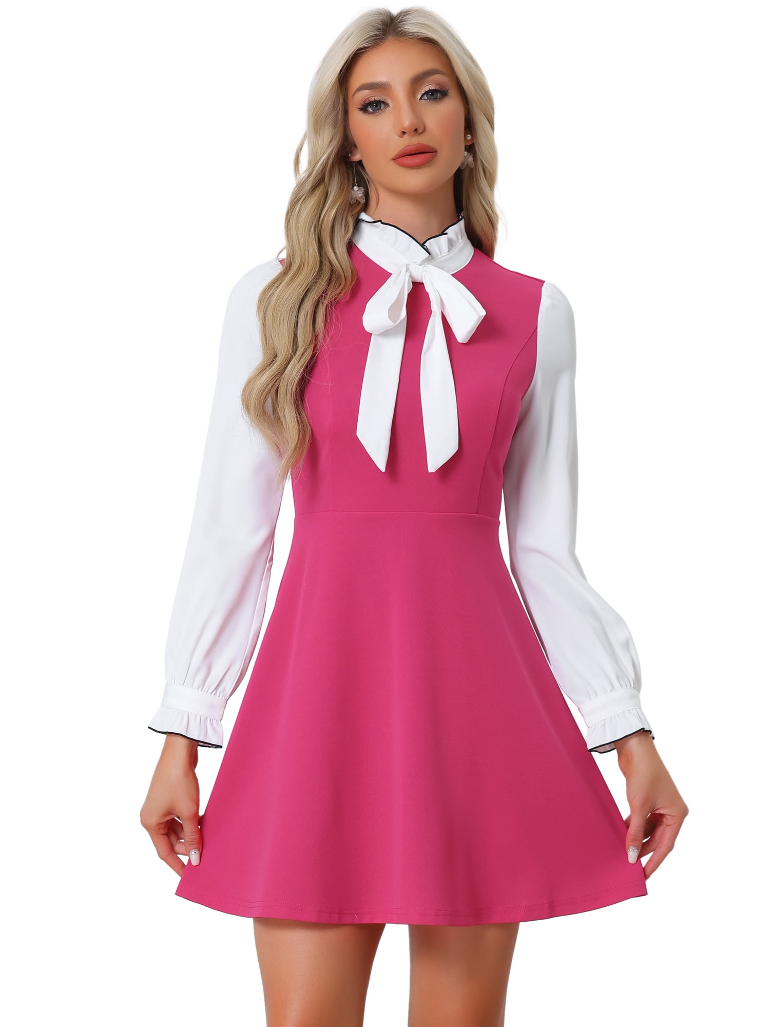 DARING DIVA Contrast Tie Neck Long Sleeve Elegant A-Line Dress L Hot Pink