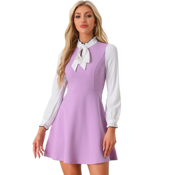 DARING DIVA Contrast Tie Neck Long Sleeve Elegant A-Line Dress L Light Purple