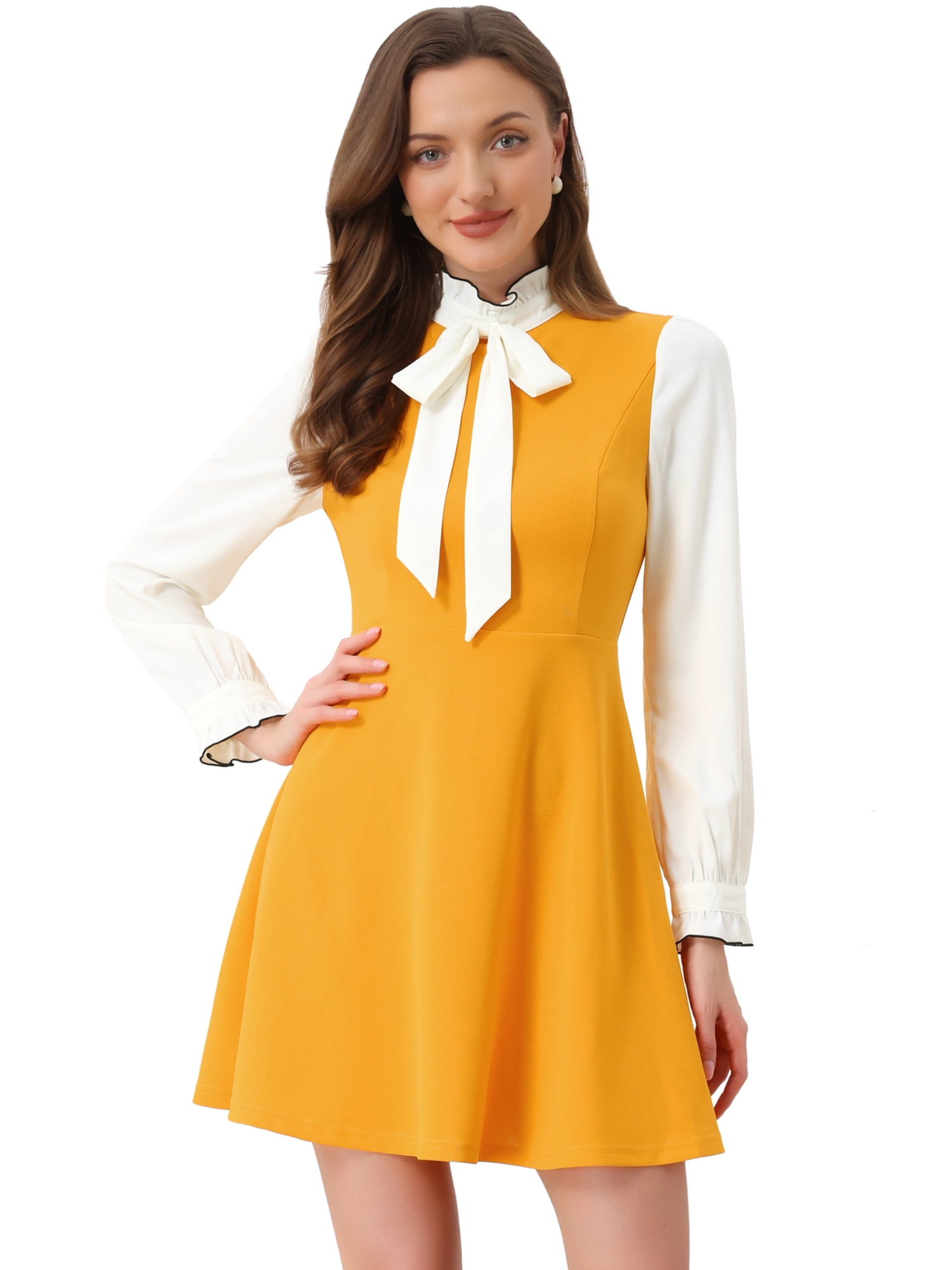 DARING DIVA Contrast Tie Neck Long Sleeve Elegant A-Line Dress L Yellow