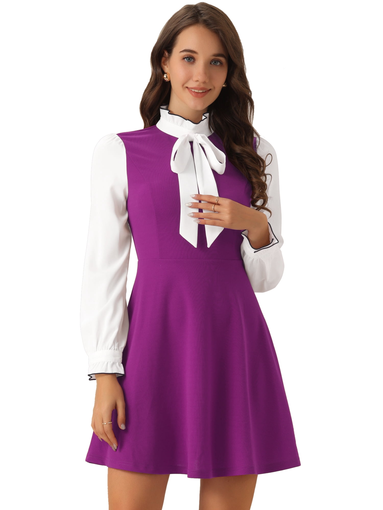 DARING DIVA Contrast Tie Neck Long Sleeve Elegant A-Line Dress M Purple