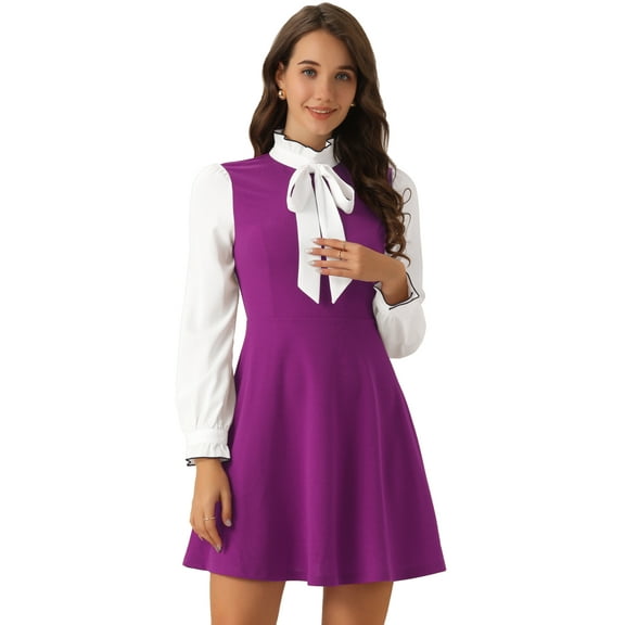 DARING DIVA Contrast Tie Neck Long Sleeve Elegant A-Line Dress M Purple