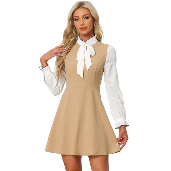 DARING DIVA Contrast Tie Neck Long Sleeve Elegant A-Line Dress S Khaki