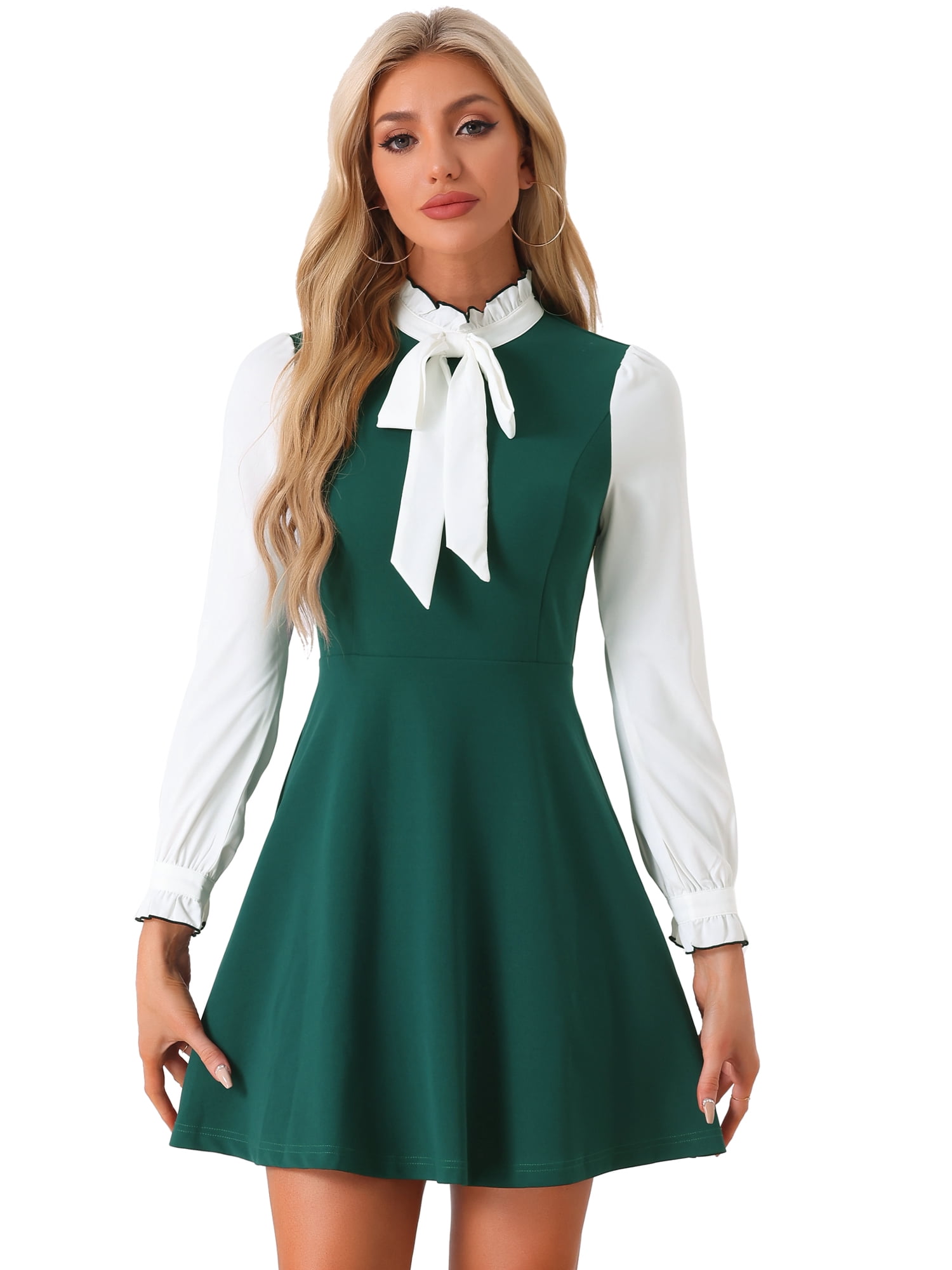 DARING DIVA Contrast Tie Neck Long Sleeve Elegant A-Line Dress XL Dark Green
