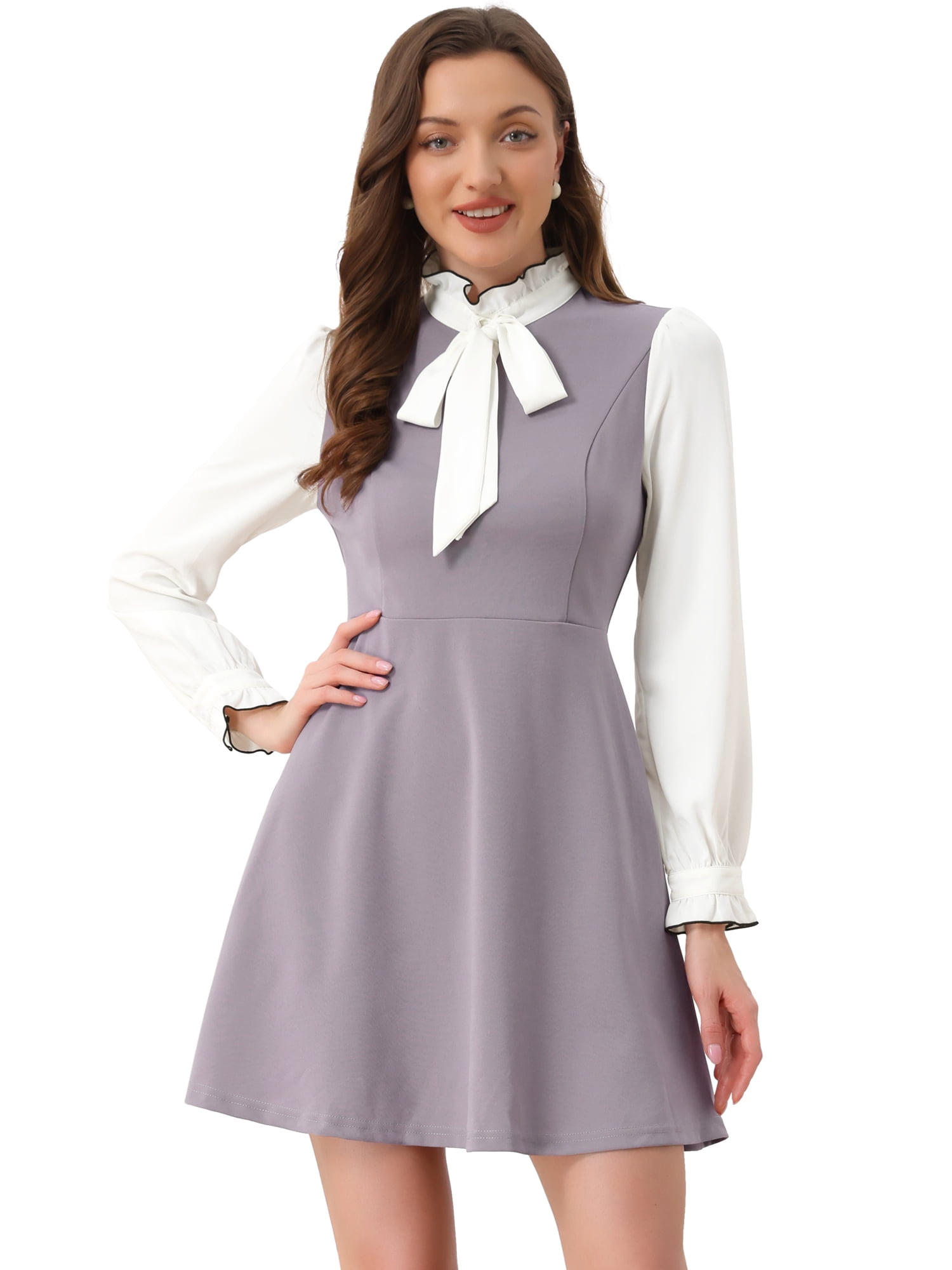 DARING DIVA Contrast Tie Neck Long Sleeve Elegant A-Line Dress XL Grey