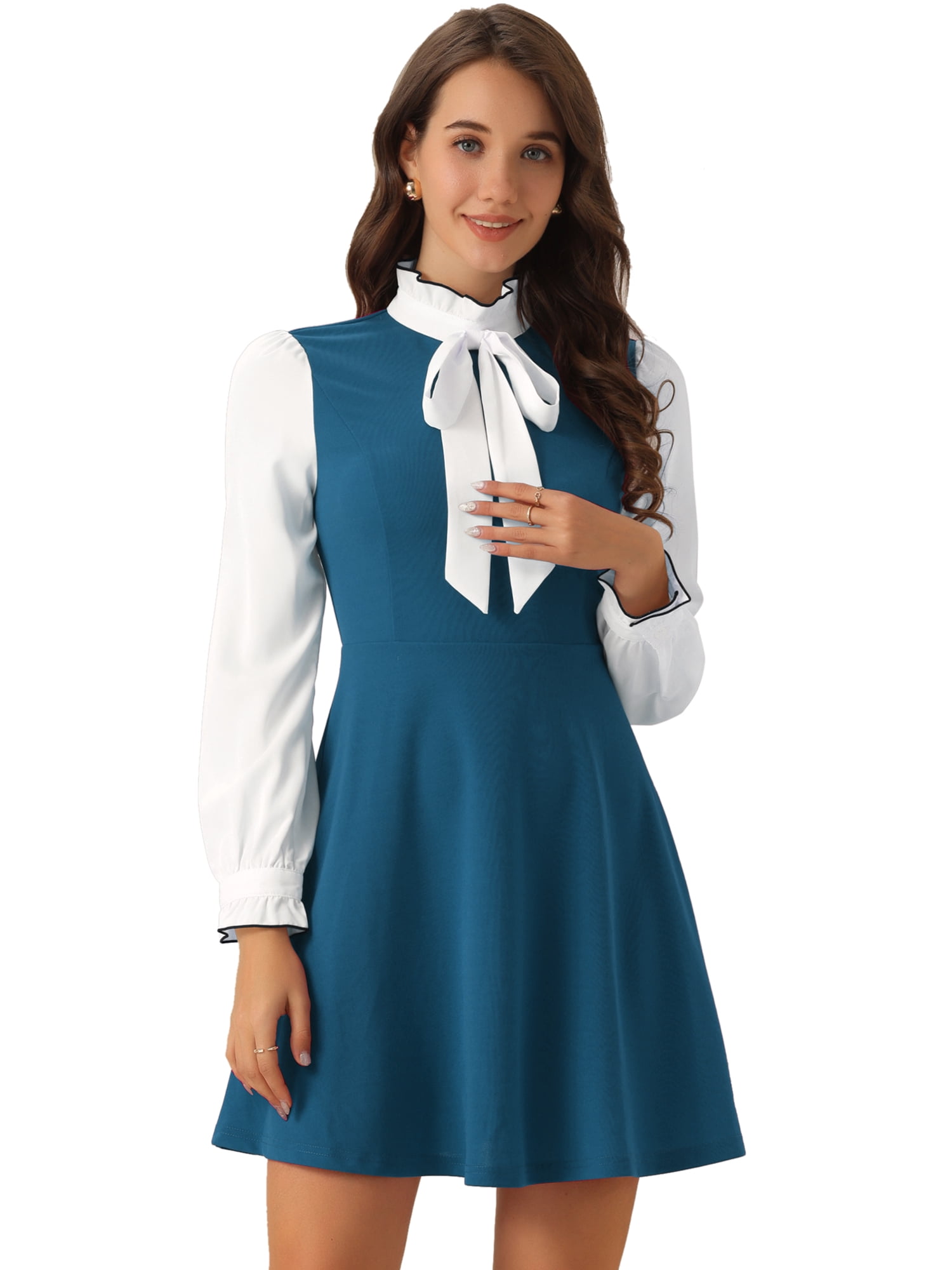 DARING DIVA Contrast Tie Neck Long Sleeve Elegant A-Line Dress XL Lake Blue
