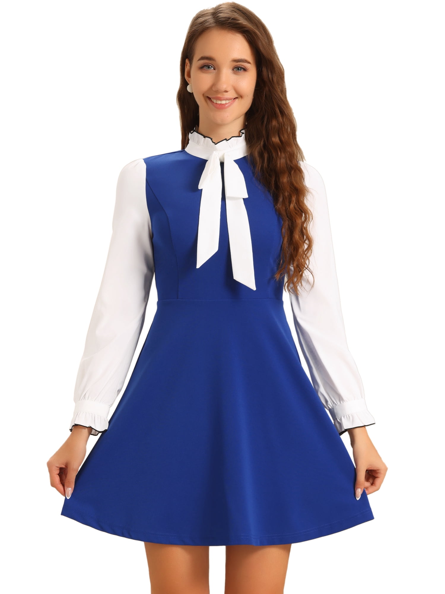 DARING DIVA Contrast Tie Neck Long Sleeve Elegant A-Line Dress XL Royal Blue