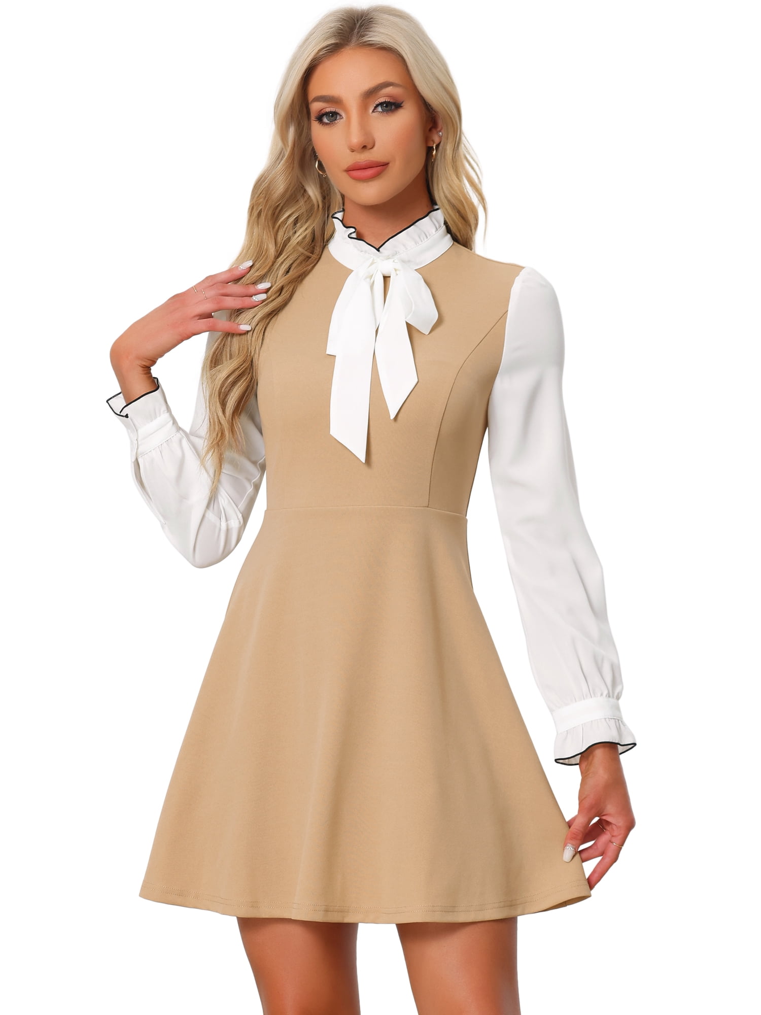 DARING DIVA Contrast Tie Neck Long Sleeve Elegant A-Line Dress XS Khaki