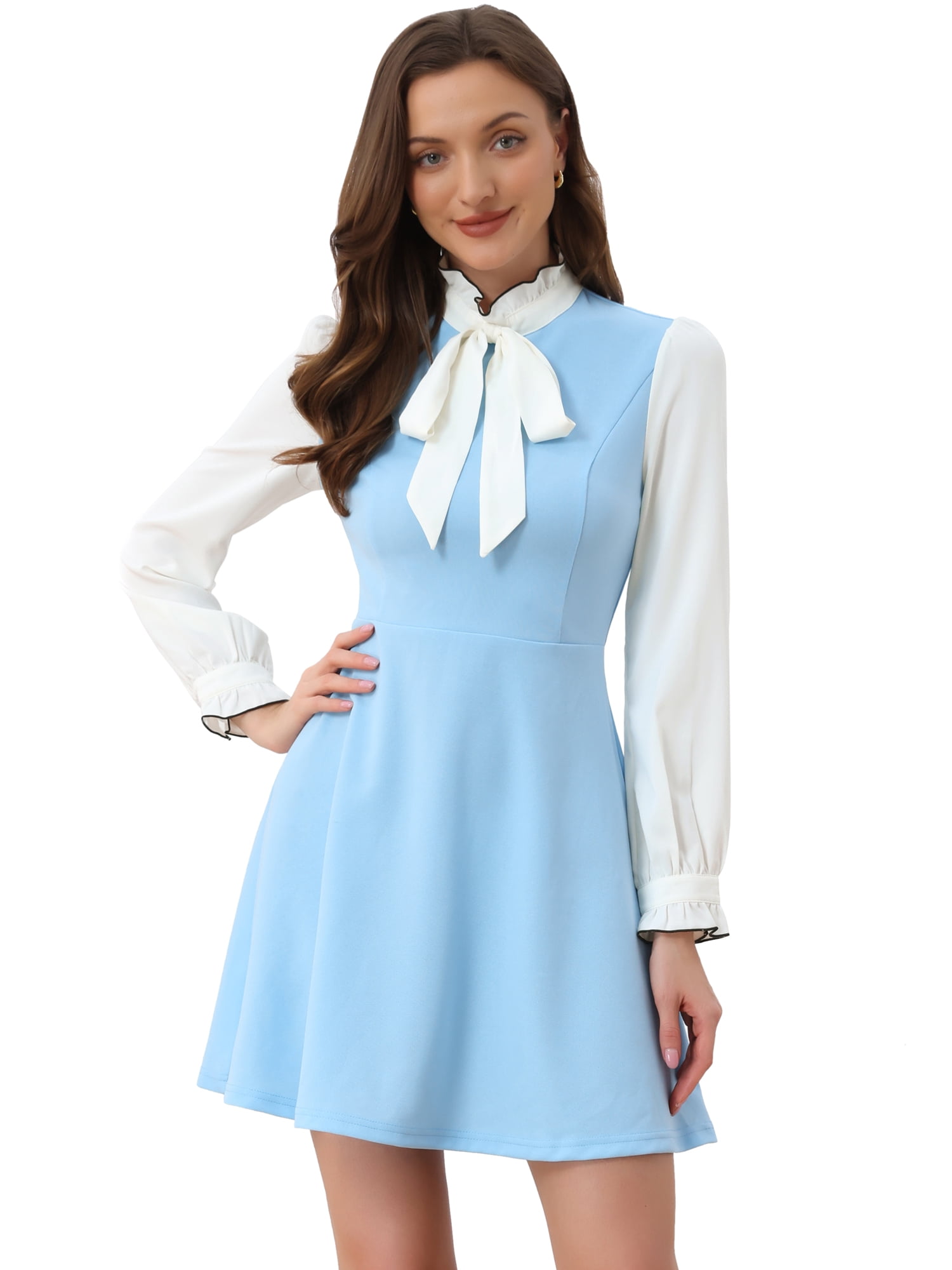 DARING DIVA Contrast Tie Neck Long Sleeve Elegant A-Line Dress XS Light Blue