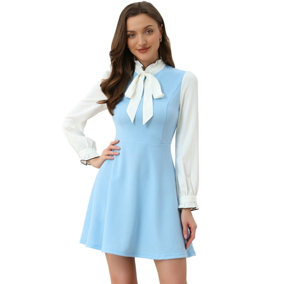 DARING DIVA Contrast Tie Neck Long Sleeve Elegant A-Line Dress XS Light Blue