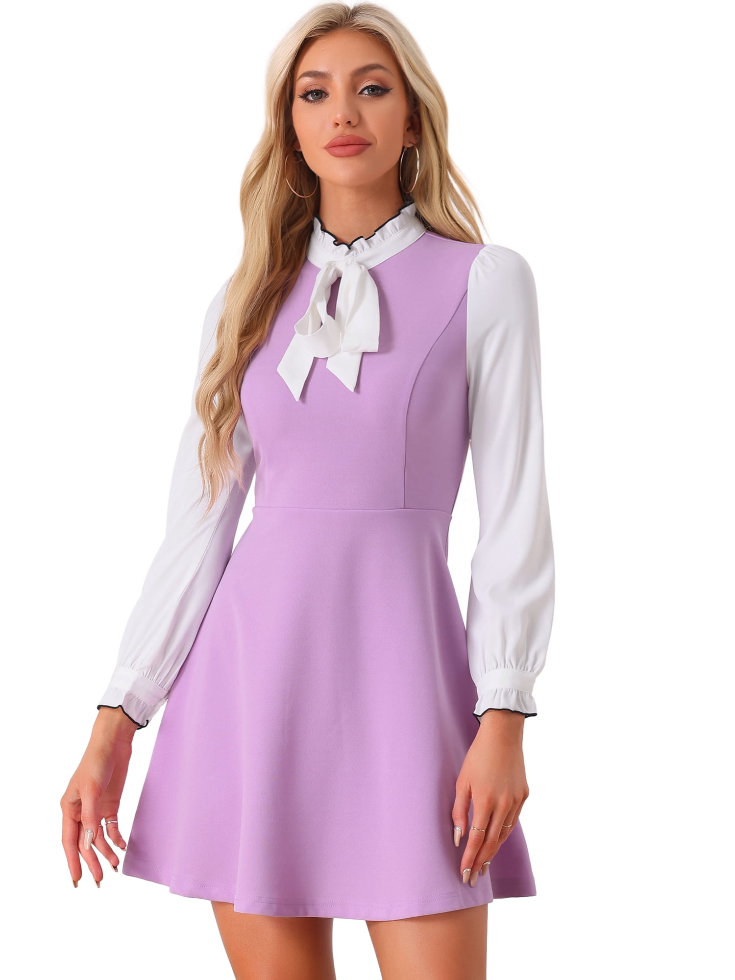 DARING DIVA Contrast Tie Neck Long Sleeve Elegant A-Line Dress XS Light Purple