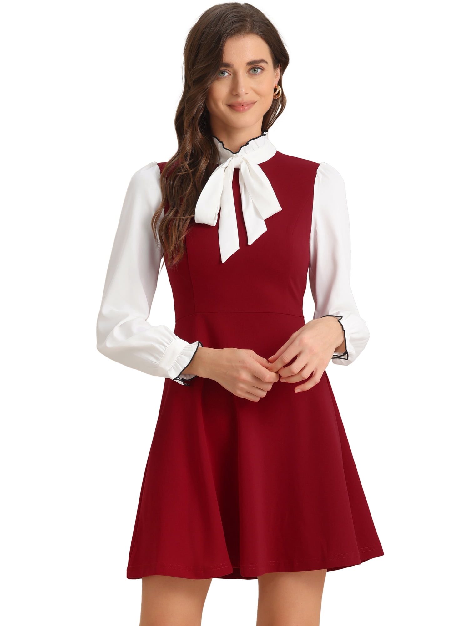 DARING DIVA Contrast Tie Neck Long Sleeve Elegant A-Line Dress XS Red