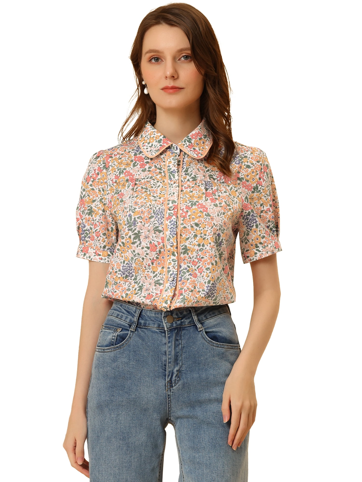 DARING DIVA Contrast Trim Puff Sleeve Peasant Shirt M White