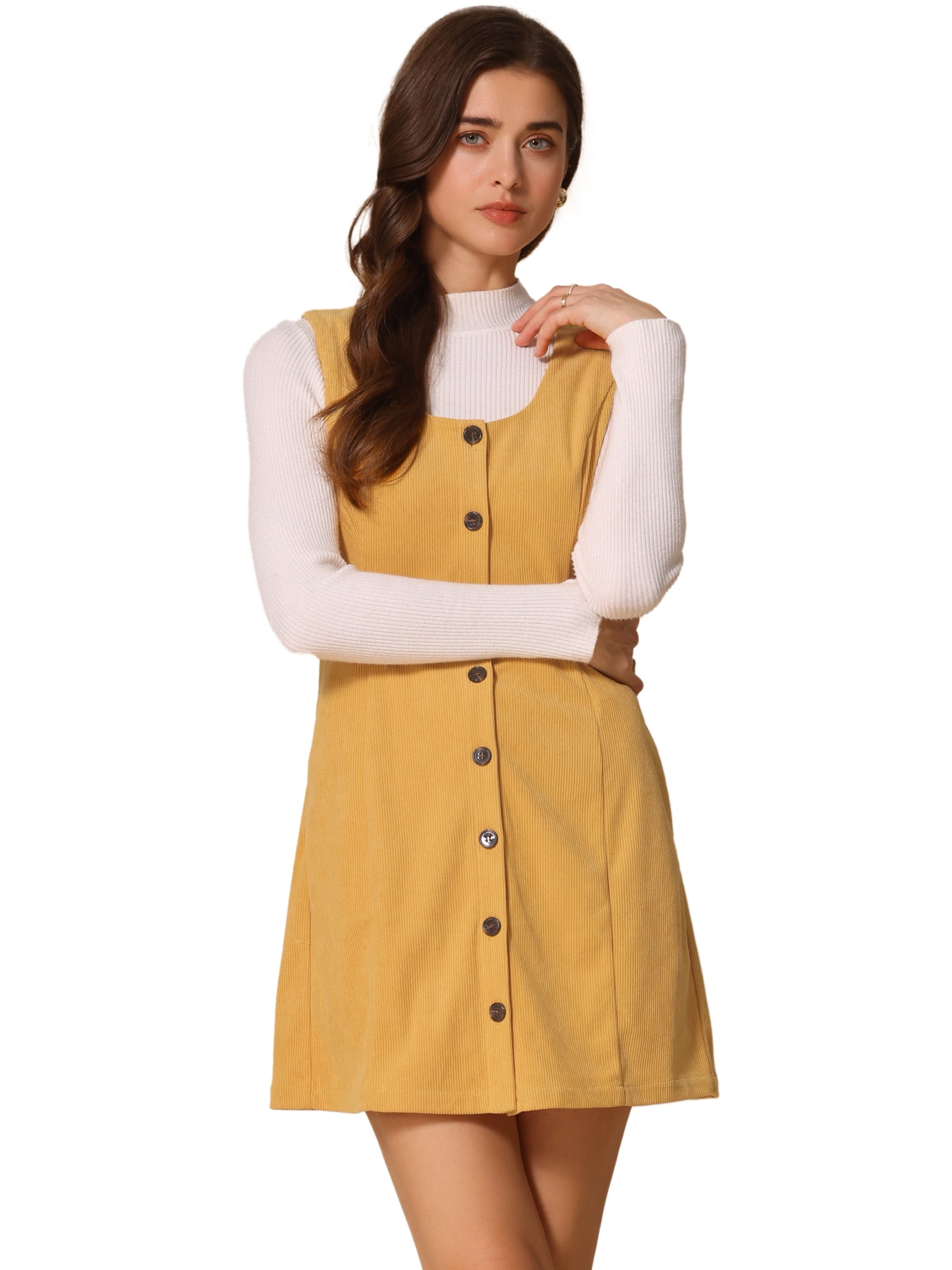 DARING DIVA Corduroy Button Down Pinafore Overall Dress S Dark Yellow