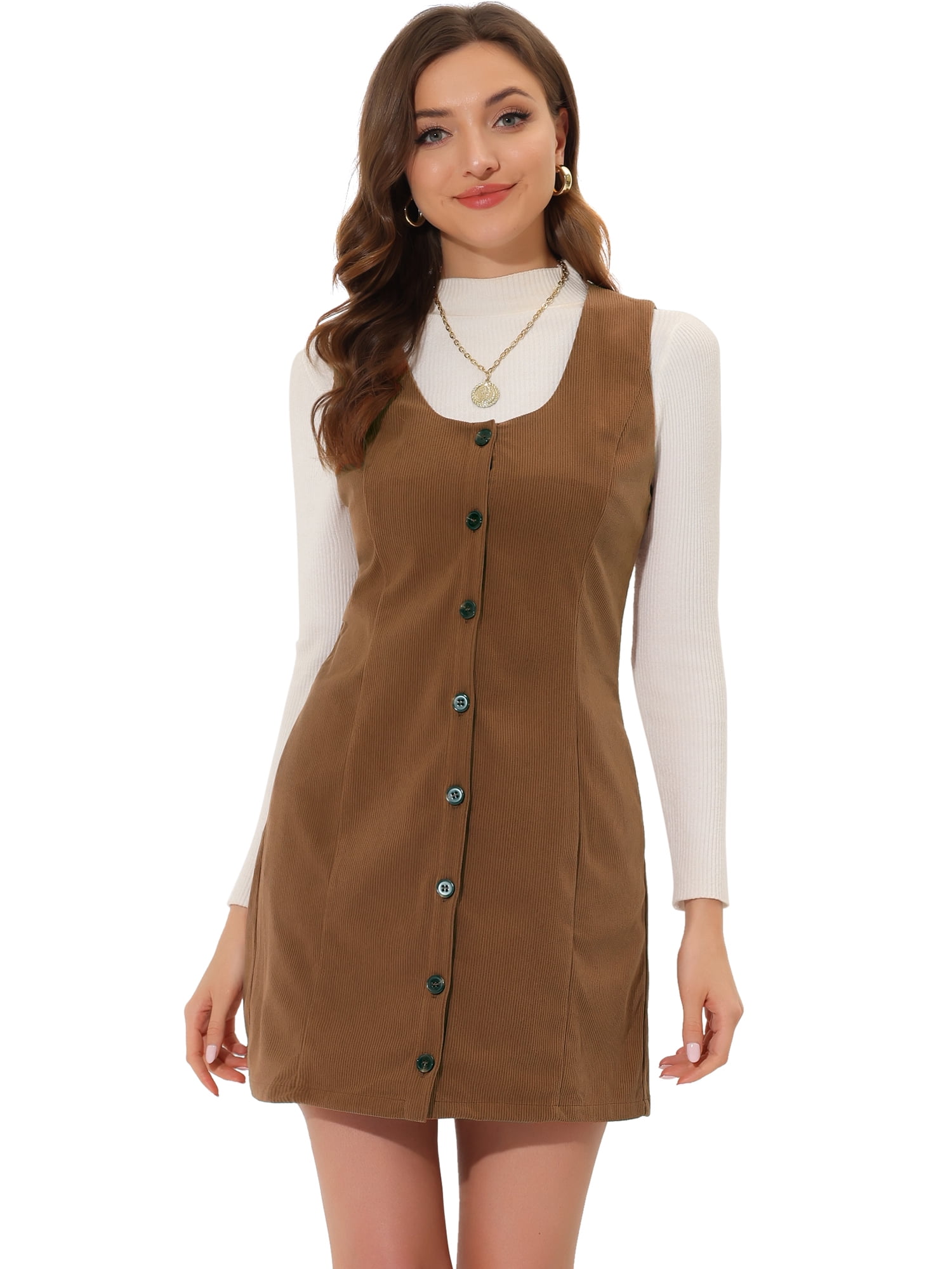 DARING DIVA Corduroy Button Down Pinafore Overall Dress XS Brown