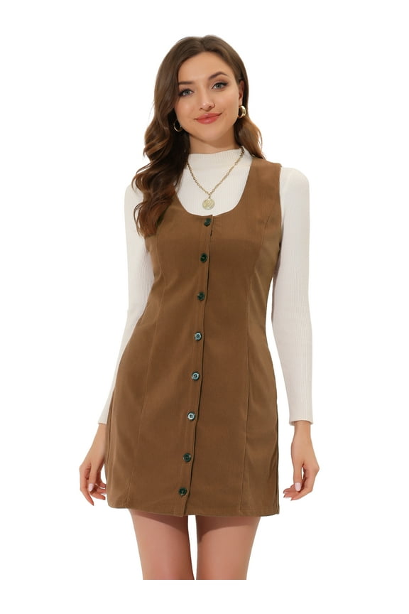 Corduroy Button Down Pinafore Overall Dress XS Brown