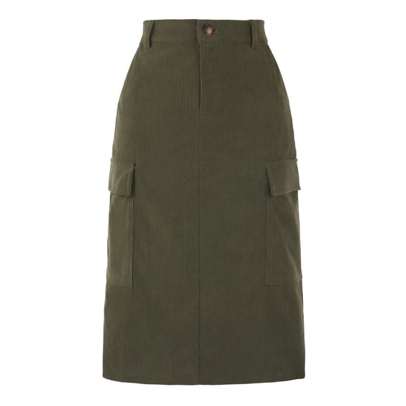 DARING DIVA Corduroy Cargo Skirts for Women's Elastic Back Midi Skirt L Army Green