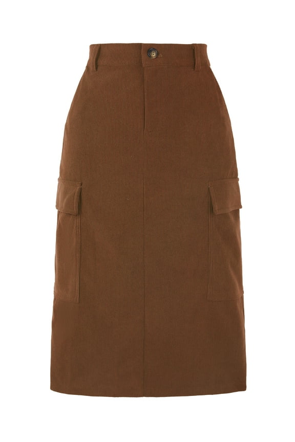 Corduroy Cargo Skirts for Women's Elastic Back Midi Skirt M Brown