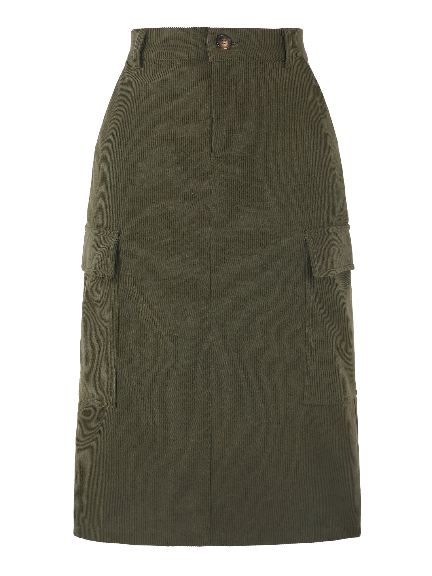 DARING DIVA Corduroy Cargo Skirts for Women's Elastic Back Midi Skirt S Army Green