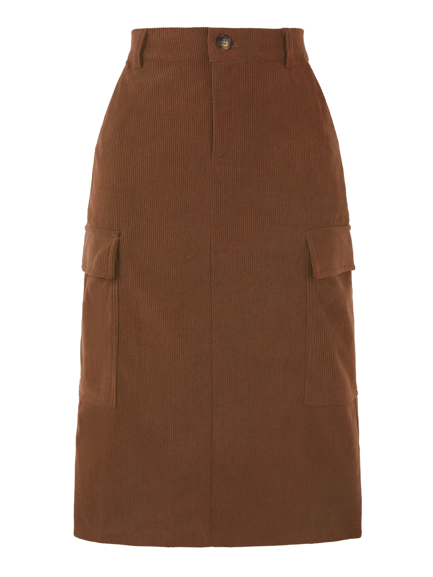 DARING DIVA Corduroy Cargo Skirts for Women's Elastic Back Midi Skirt S Brown